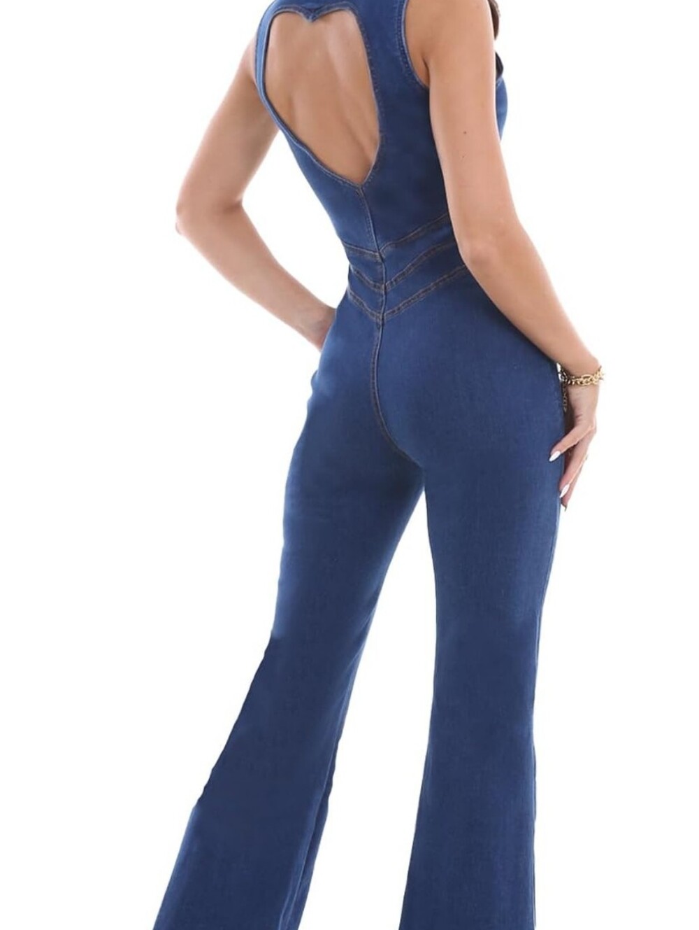 Revice Hollywood Heartthrob Denim Jumpsuit Heart Cutout Zip Front Flare Jeans - Picture 5 of 10